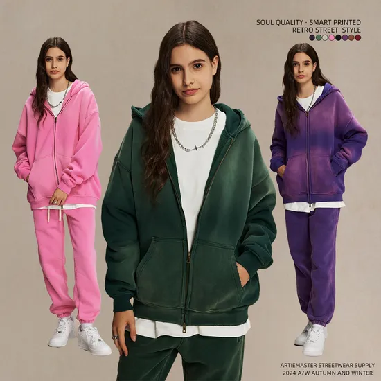 Soft Vintage Ombre Zip Hoodie DIY Custom Artwork Embroidery Bulk in Stock