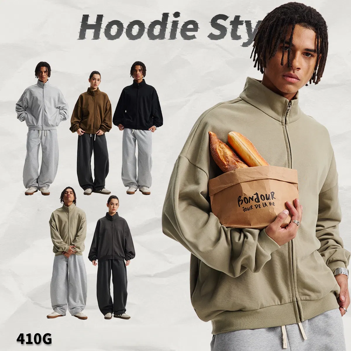 Soft Oversized Stand Collar Zip Jacket DIY Custom Artwork Embroidery Bulk in Stock