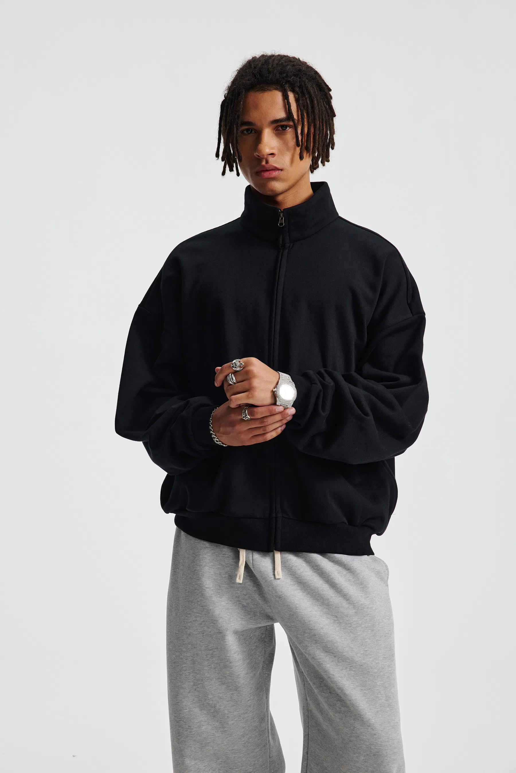 Streetwear Oversized Stand Collar Zip Jacket Custom Brand Logo Dtf Print for Retail Wholesale