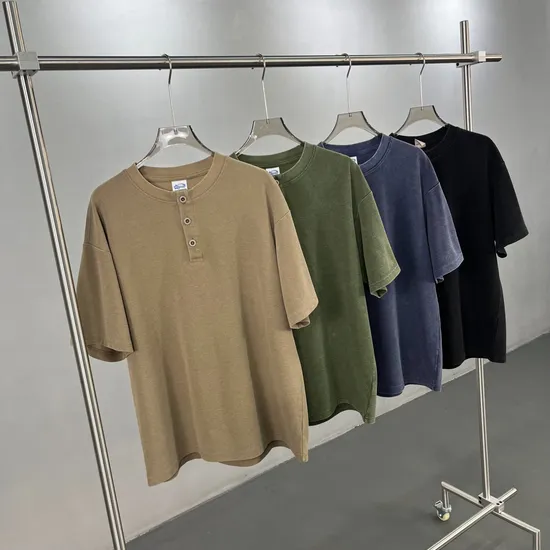 100% Cotton Henley Tee Custom Logo Embroidery DTG Print Bulk Wholesale Apparel