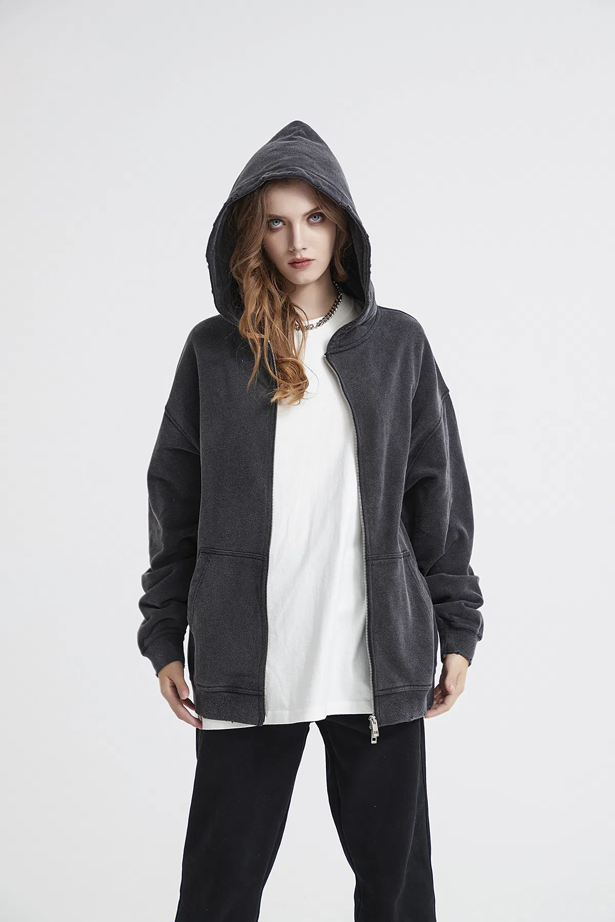 Acid Washed Black Gray Full Zip Cotton Hoodie Custom Logo Embroidery Dtf Bulk Wholesale