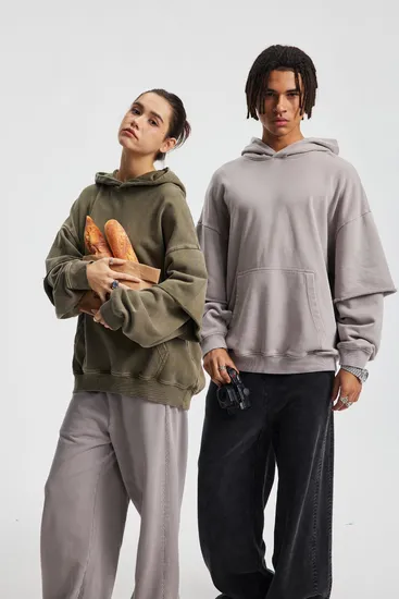 Oversized Raw Edge Fake Sleeve Hoodie Washed Cotton Custom Design Bulk Order Available