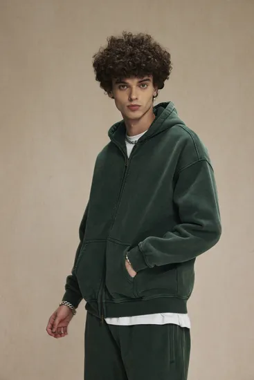 Heavyweight Cotton Washed Zip Hoodie Custom Logo Embroidery Bulk Apparel Order