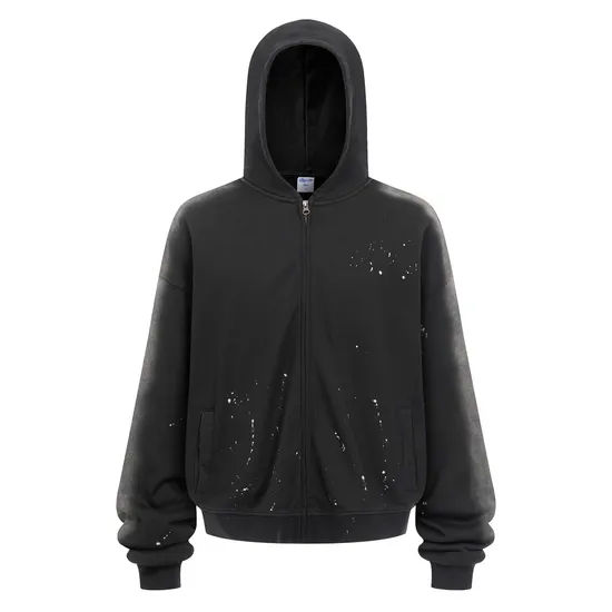 Splatter Spray Wash Distressed Zip Hoodie Custom Logo Embroidery DTG Bulk Wholesale Supply