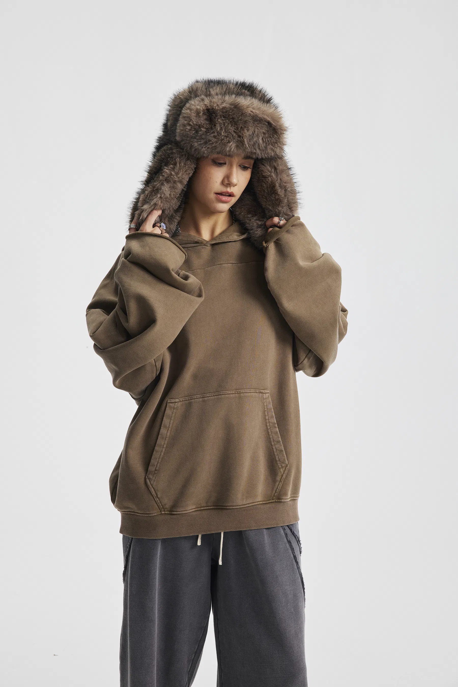 100% Cotton Front Back Spliced Hoodie Raw Edge Wax Wash Wasteland Custom Logo Wholesale