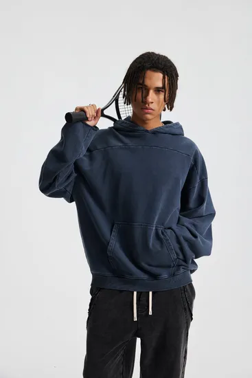 100% Cotton Front Back Spliced Hoodie Raw Edge Wax Wash Wasteland Custom Logo Wholesale