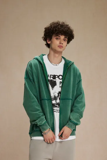 Kangaroo Pocket Raw Edge Hooded Zip Sweatshirt Custom Brand Bulk Production Service
