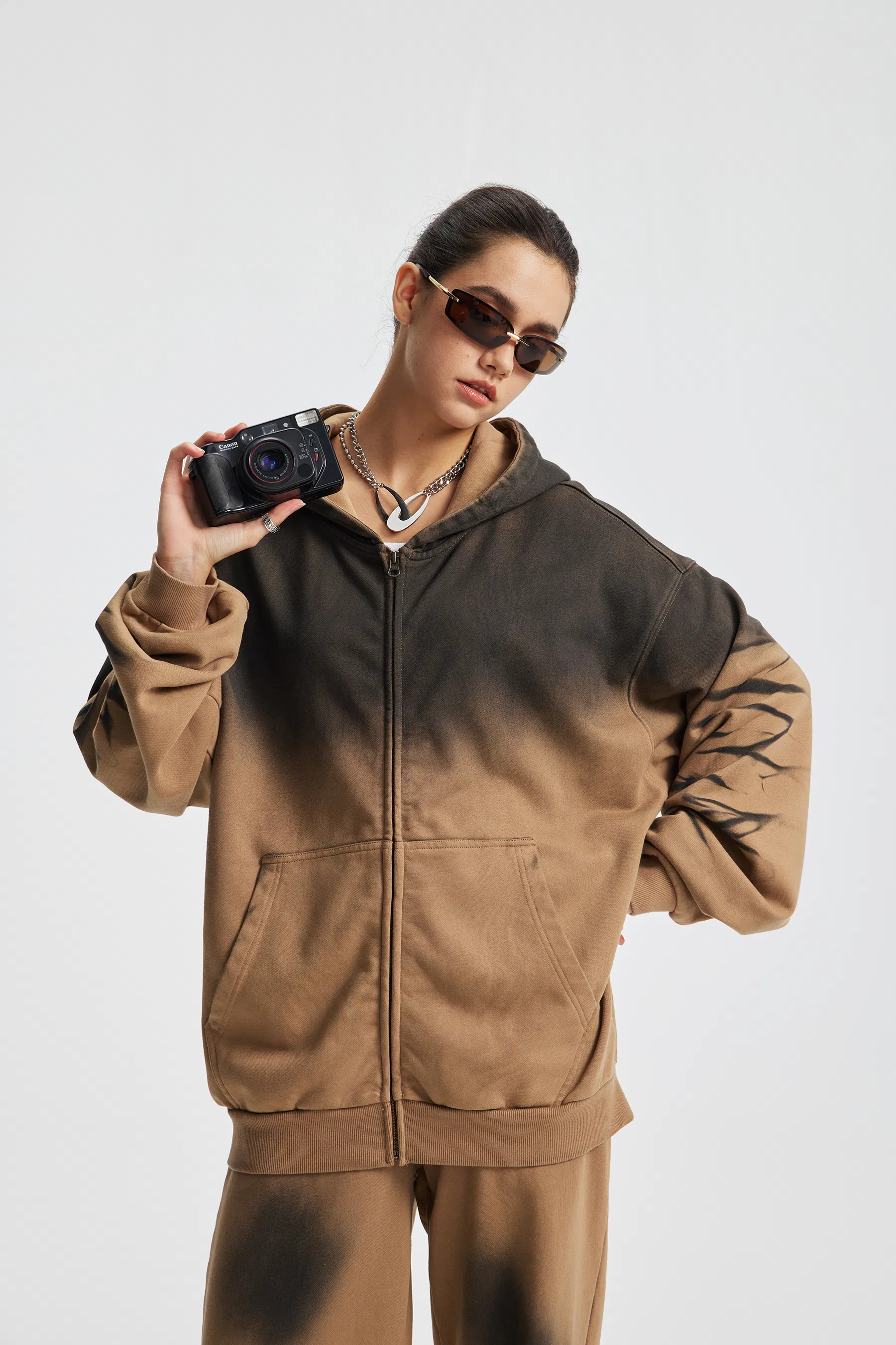 Spray Monkey Wash Gradient Distressed Zip Hoodie Custom Logo Embroidery DTG Bulk Wholesale