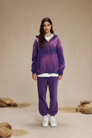 Gradient Ombre Acid Washed Full Zip Cotton Hoodie Custom Logo Embroidery Dtf Bulk Wholesale