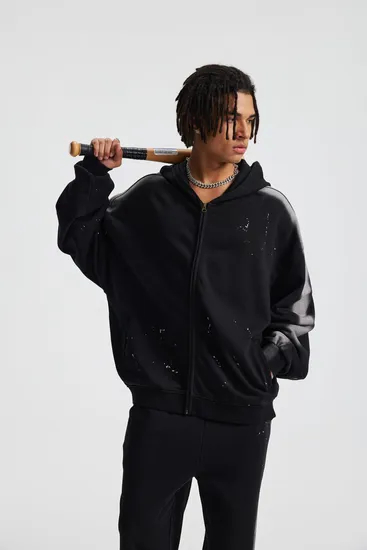 Heavyweight Splatter Washed Cotton Zip Hoodie Custom Logo Bulk Apparel Order