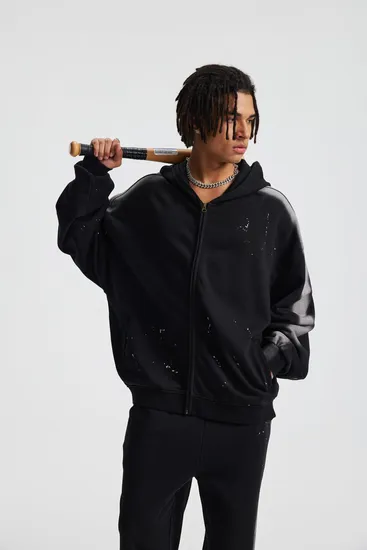 Heavyweight Splatter Washed Cotton Zip Hoodie Custom Logo Bulk Apparel Order