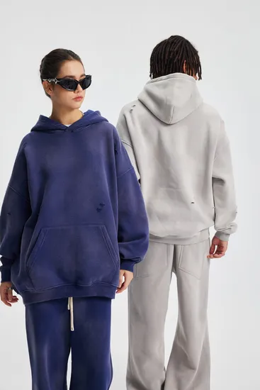 100% Cotton Fleece Lined Monkey Wash Hoodie Slash Hole Custom Logo Wholesale Service