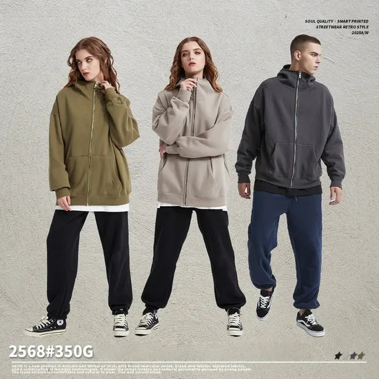 Classic Oversized Solid Color Cotton Zip Hoodie Custom Logo Wholesale for Brands