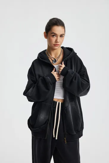 100% Cotton Monkey Wash Zip Hoodie Raw Edge Distressed Kangaroo Pocket Custom Logo Wholesale