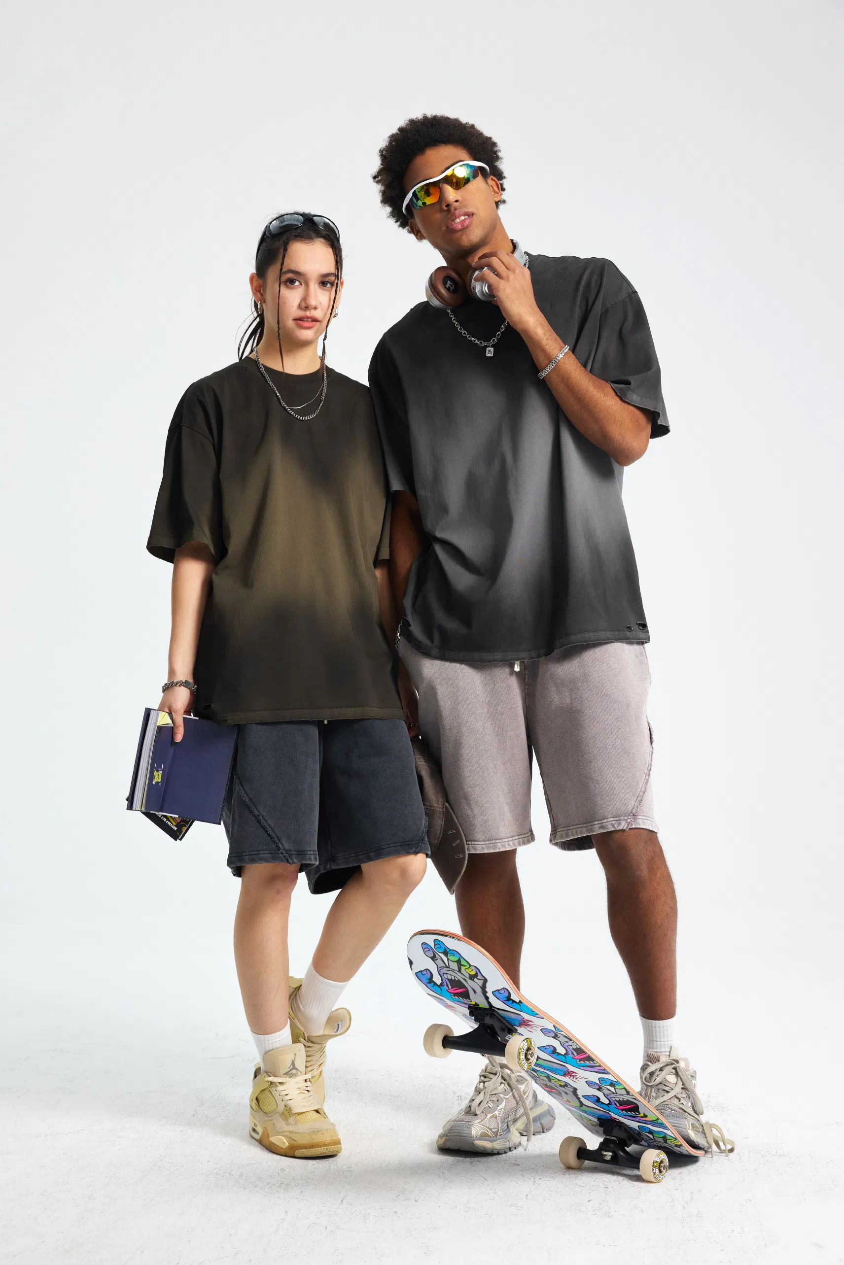 Gradient Tie Dye Frayed Washed Vintage Cotton Tee Support Custom Logo Embroidery DTG Bulk Wholesale Order