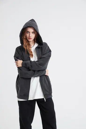 Acid Washed Black Gray Full Zip Cotton Hoodie Custom Logo Embroidery Dtf Bulk Wholesale