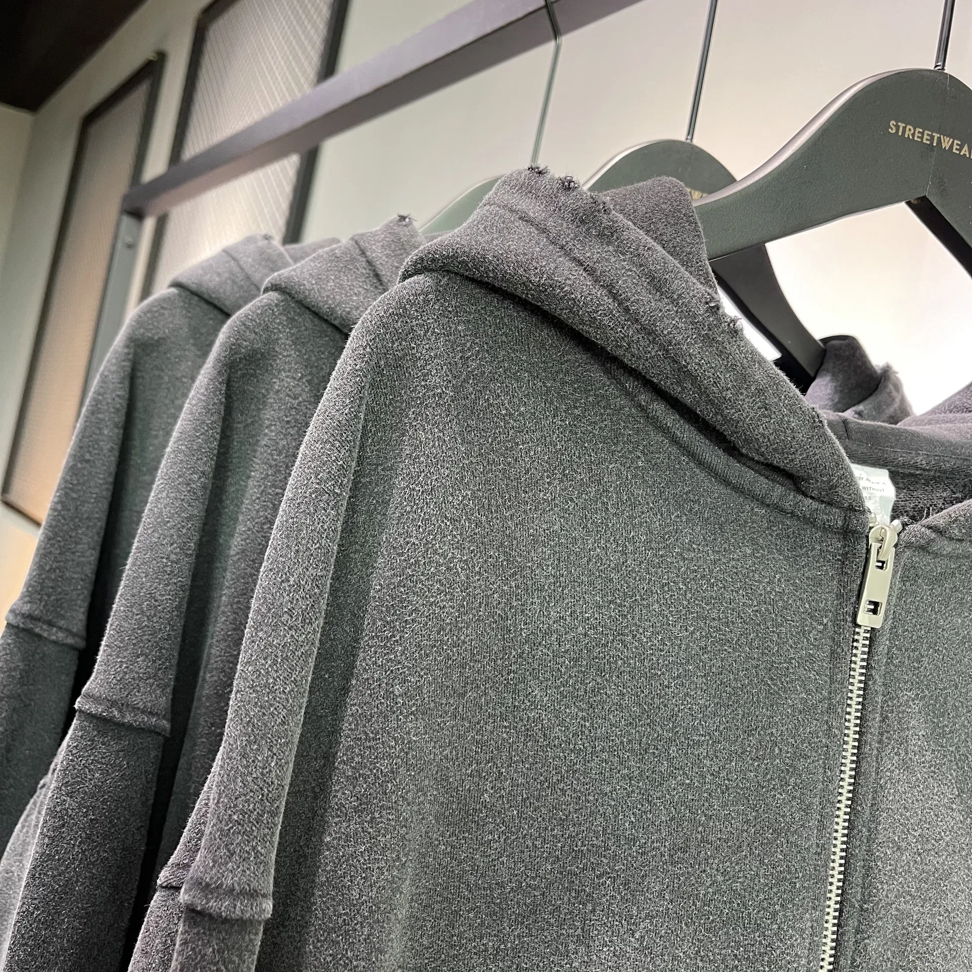 Acid Washed Black Gray Full Zip Cotton Hoodie Custom Logo Embroidery Dtf Bulk Wholesale