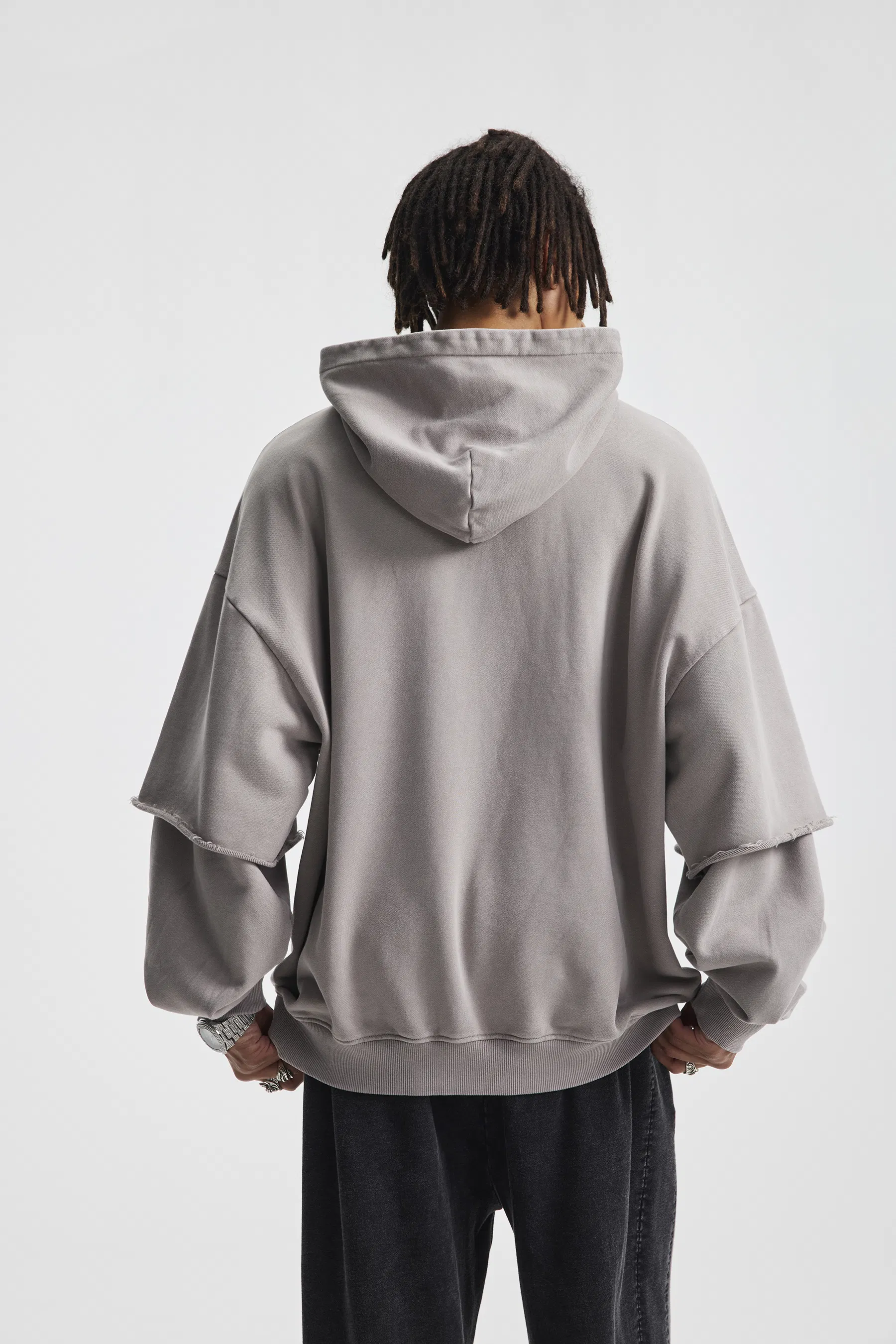 Oversized Raw Edge Fake Sleeve Hoodie Washed Cotton Custom Design Bulk Order Available
