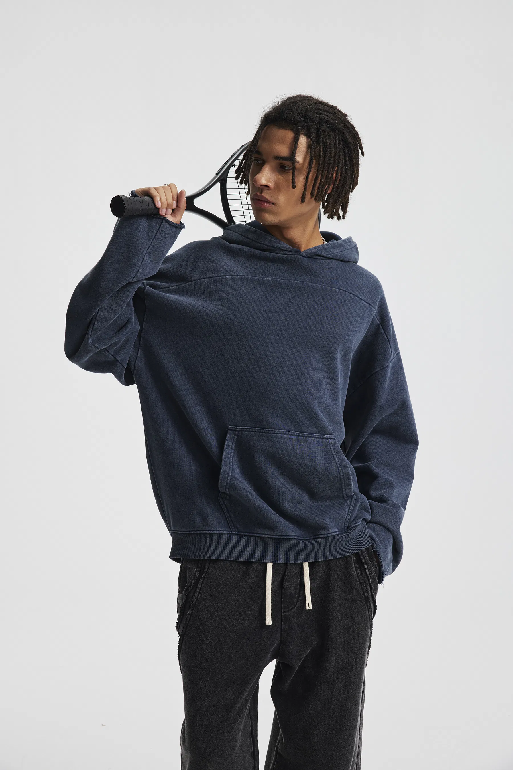 100% Cotton Front Back Spliced Hoodie Raw Edge Wax Wash Wasteland Custom Logo Wholesale