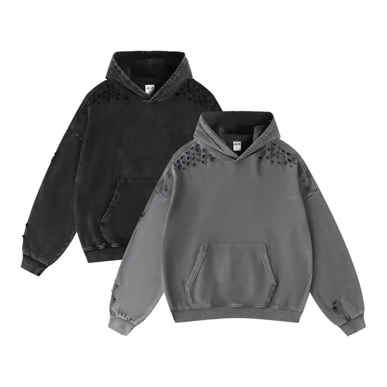 Distressed Snow Wash Kangaroo Pocket Hoodie Slash Cut Pure Cotton Custom Print Bulk