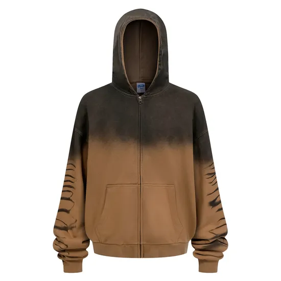 Spray Monkey Wash Gradient Distressed Zip Hoodie Custom Logo Embroidery DTG Bulk Wholesale