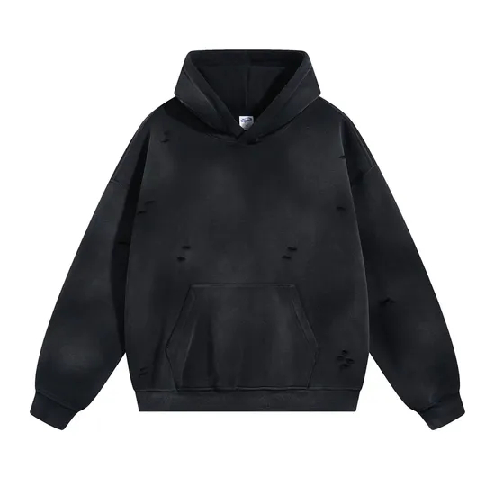 Spray Monkey Wash Distressed Fleece Hoodie Custom Logo Embroidery Dtf Bulk Wholesale