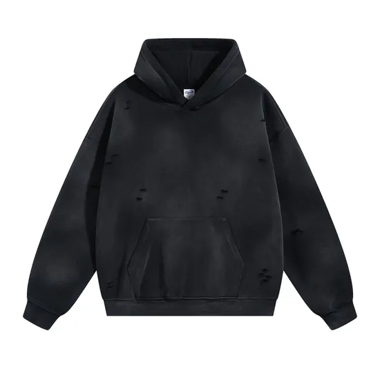 Spray Monkey Wash Distressed Fleece Hoodie Custom Logo Embroidery Dtf Bulk Wholesale