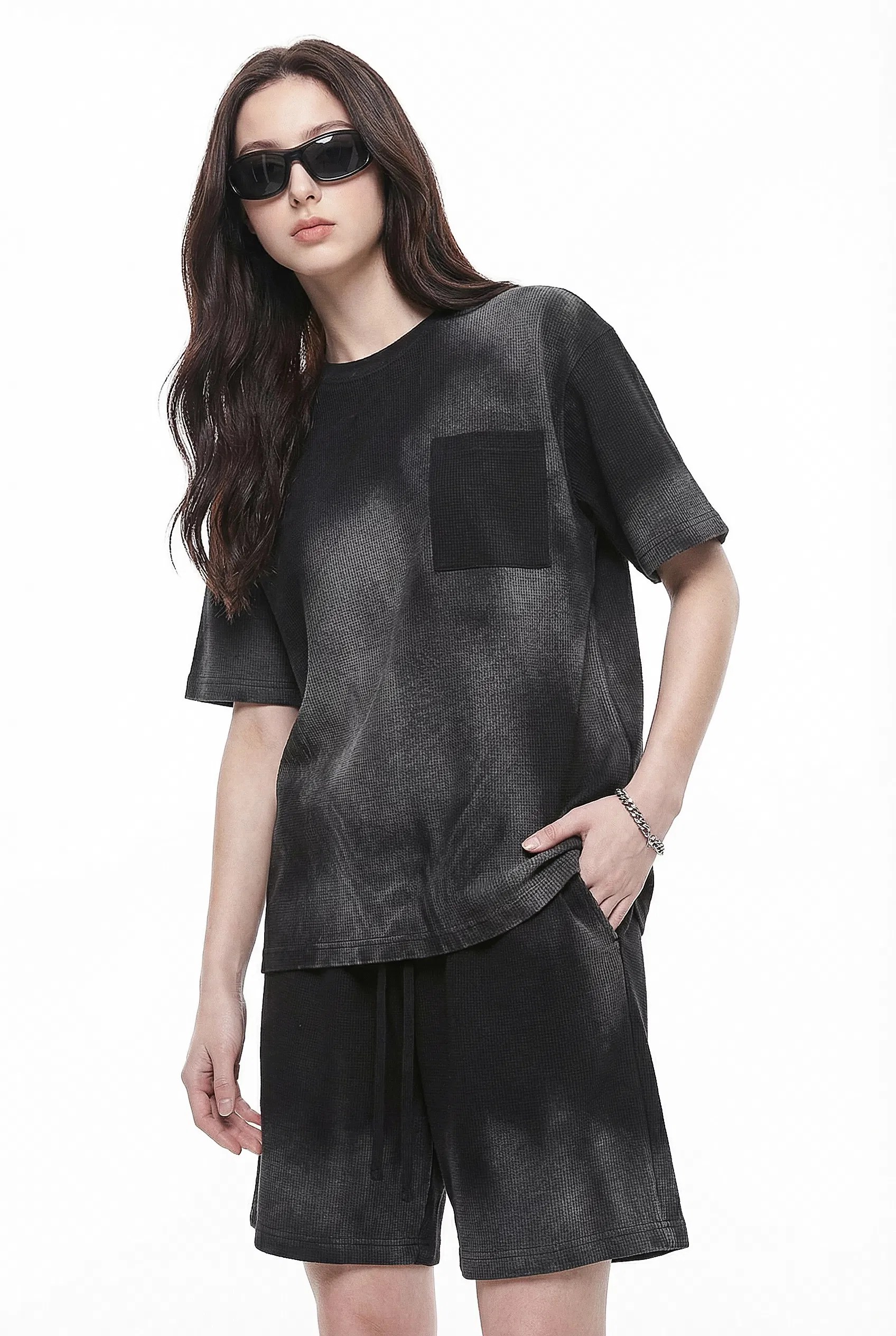 Gradient Washed Pocket Pure Cotton Tee Support Custom Logo Embroidery DTG Bulk Wholesale Order