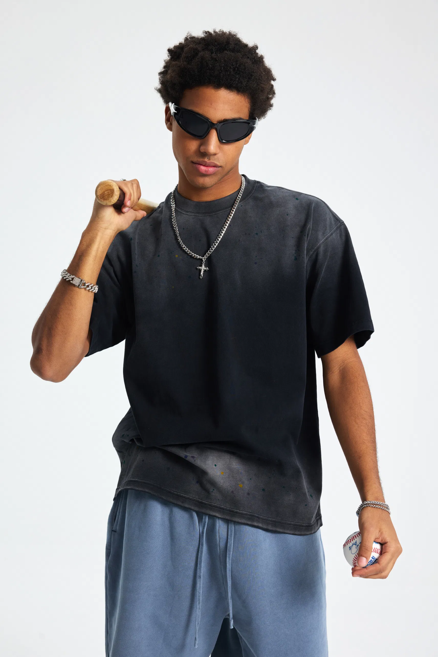 Vintage Stone Wash Spray Dyed Cotton Tee Support Brand Customization Embroidery and Digital Printing Service