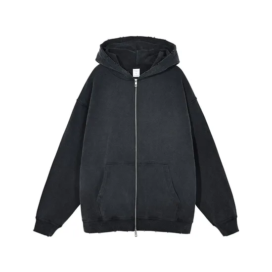 Acid Washed Black Gray Full Zip Cotton Hoodie Custom Logo Embroidery Dtf Bulk Wholesale