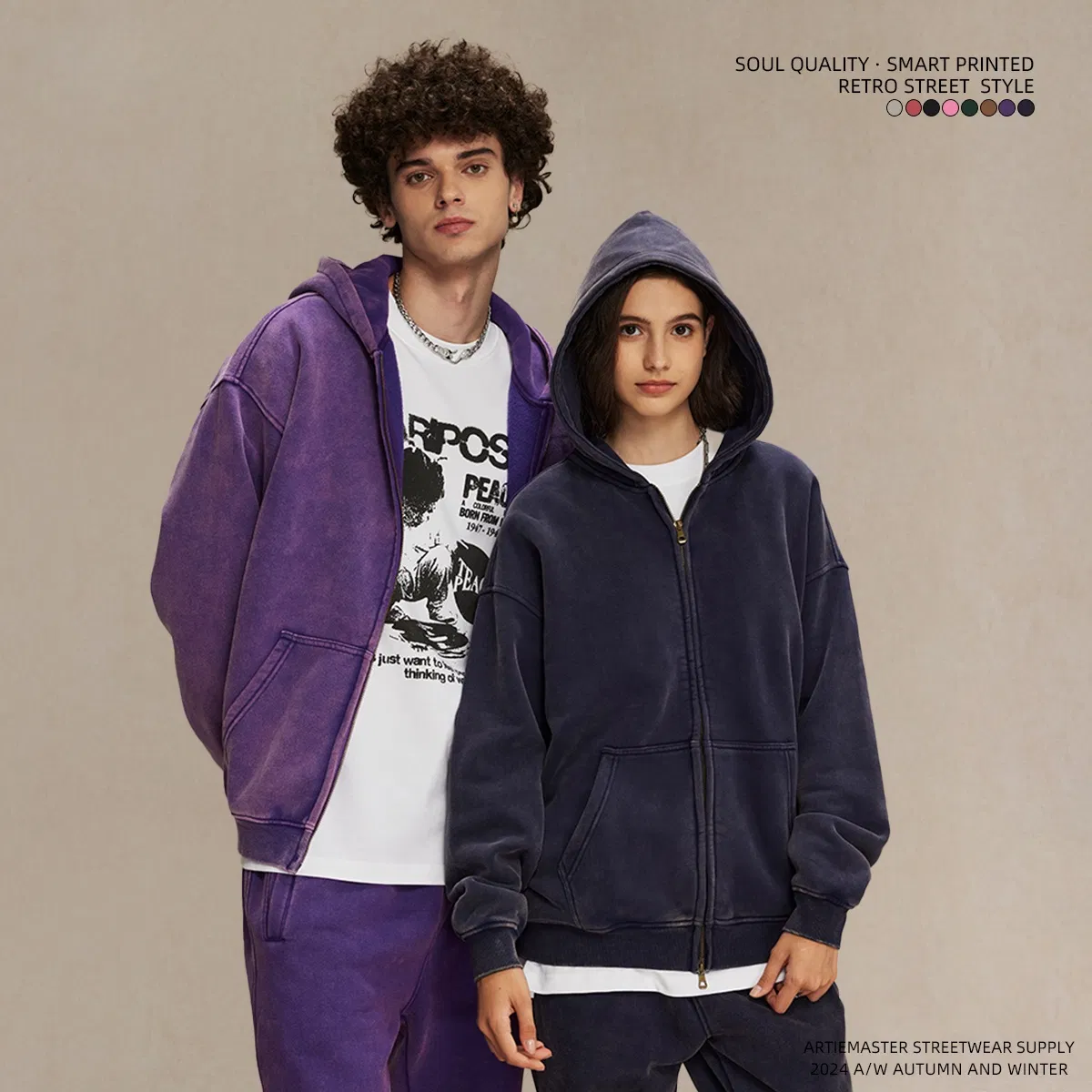 Heavyweight Cotton Washed Zip Hoodie Custom Logo Embroidery Bulk Apparel Order