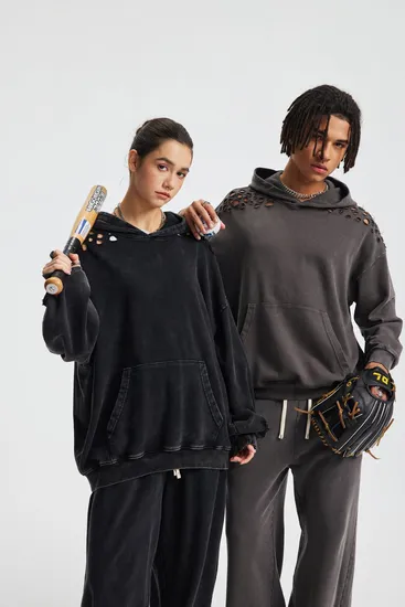 Distressed Snow Wash Kangaroo Pocket Hoodie Slash Cut Pure Cotton Custom Print Bulk