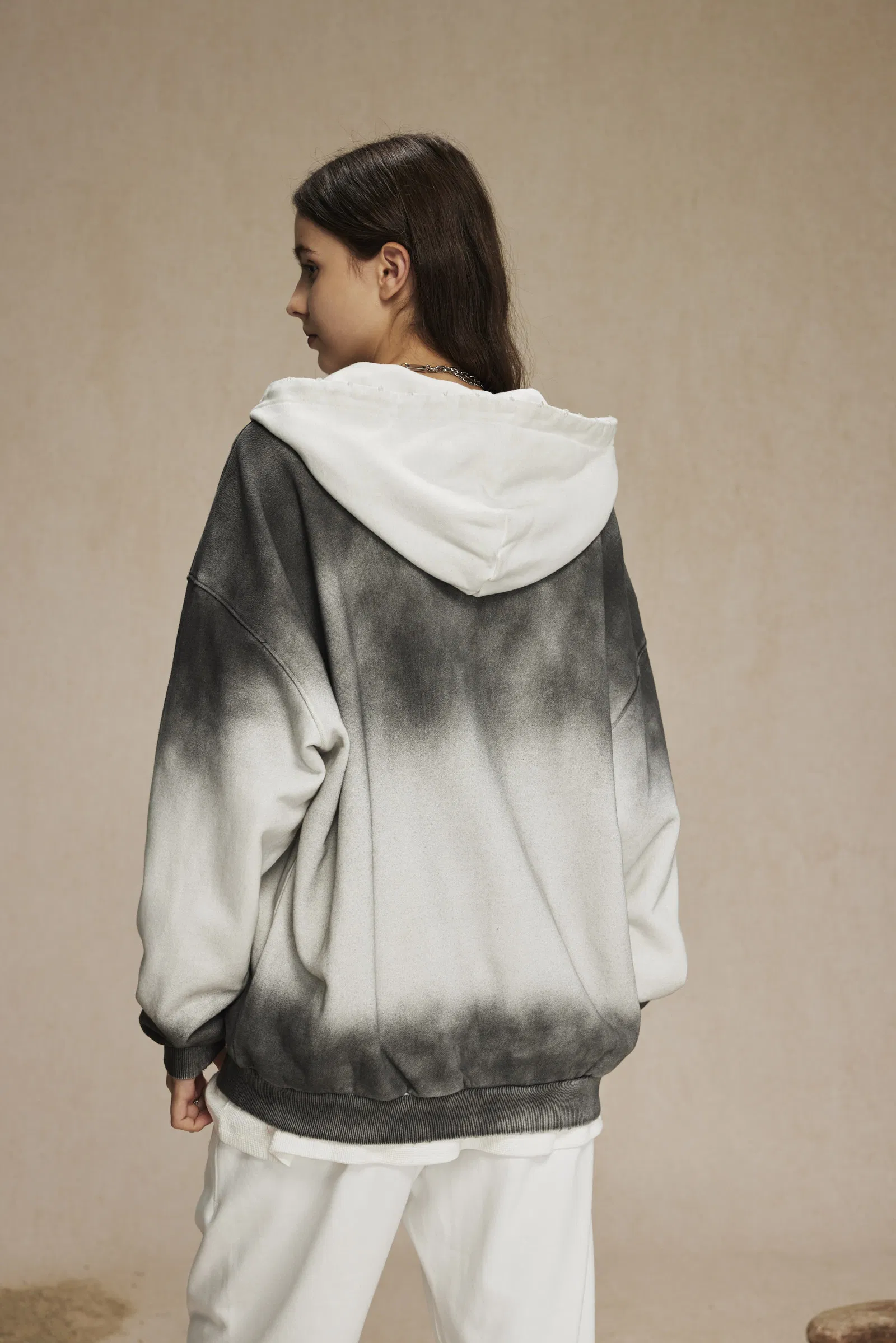 Vintage Gray White Ombre Zip up Hoodie Personal Custom Logo Factory Direct Bulk Sale