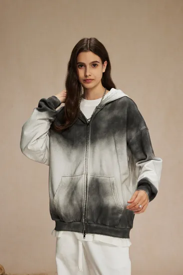 Vintage Gray White Ombre Zip up Hoodie Personal Custom Logo Factory Direct Bulk Sale