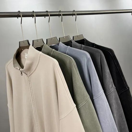 Classic Retro Washed Full Zip Collar Cotton Jacket Custom Logo Wholesale for Apparel Brands
