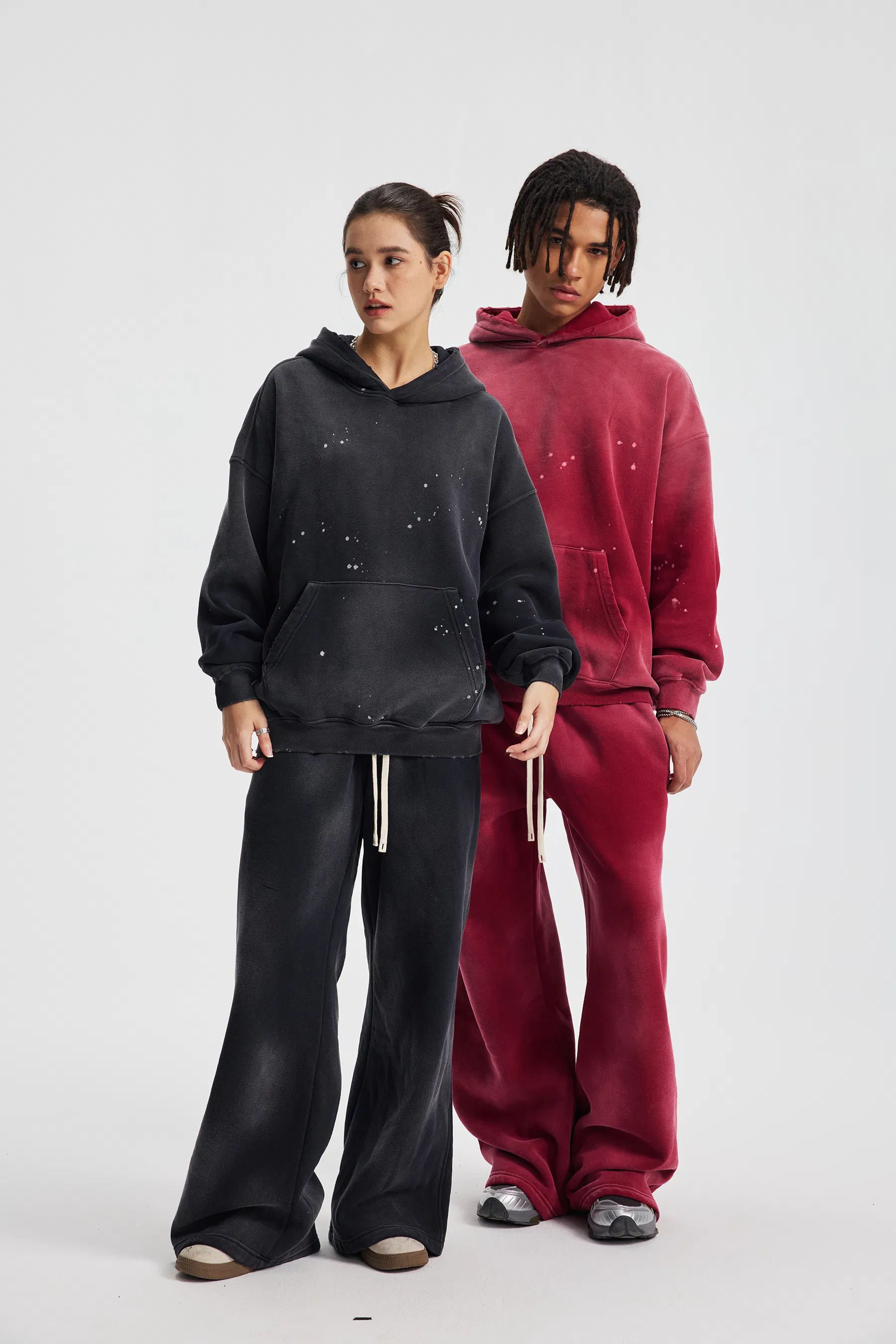 Custom Brand Logo Splatter Faded Hoodie Raw Edge Fleece Cotton Wholesale Factory Low Price