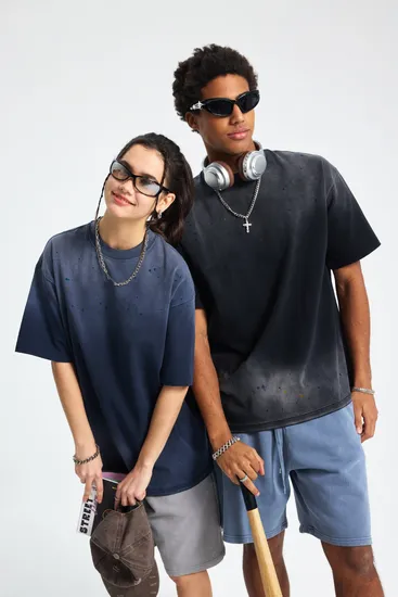 Loose Fit Streetwear T-Shirt with Unique Spray Faded Wash Color Design