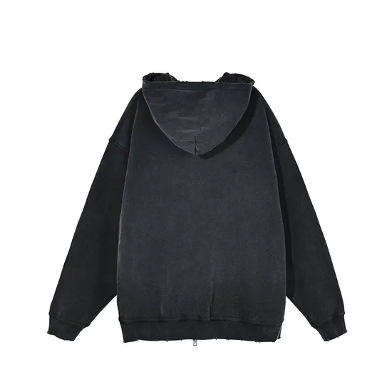 Acid Washed Black Gray Full Zip Cotton Hoodie Custom Logo Embroidery Dtf Bulk Wholesale
