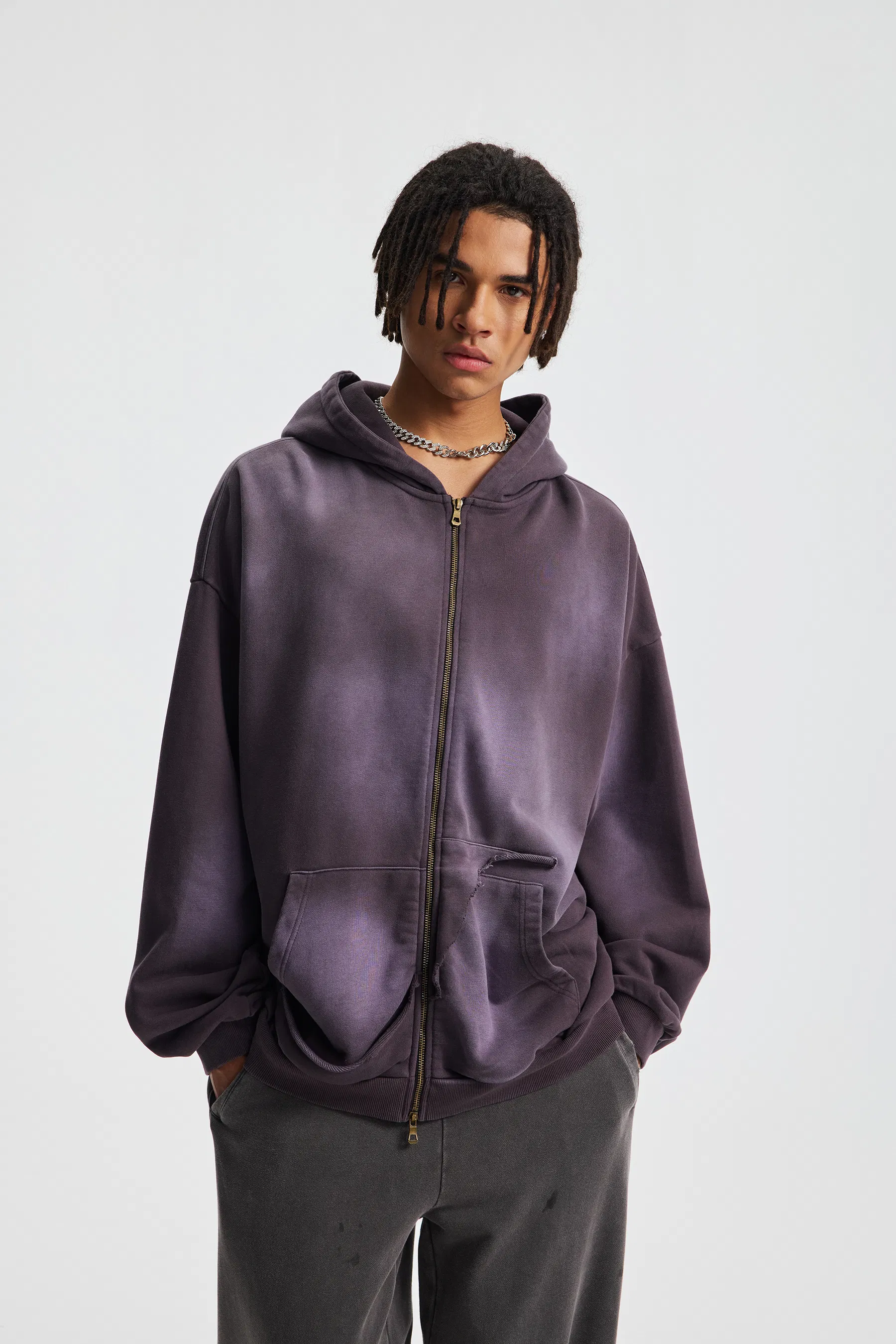 100% Cotton Monkey Wash Zip Hoodie Raw Edge Distressed Kangaroo Pocket Custom Logo Wholesale
