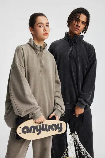 Retro Streetwear Washed Half Zip Sweatshirt Custom Brand Logo Dtf for Retail Wholesale