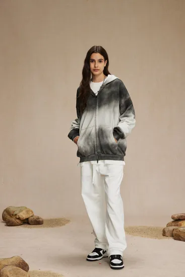Vintage Gray White Ombre Zip up Hoodie Personal Custom Logo Factory Direct Bulk Sale