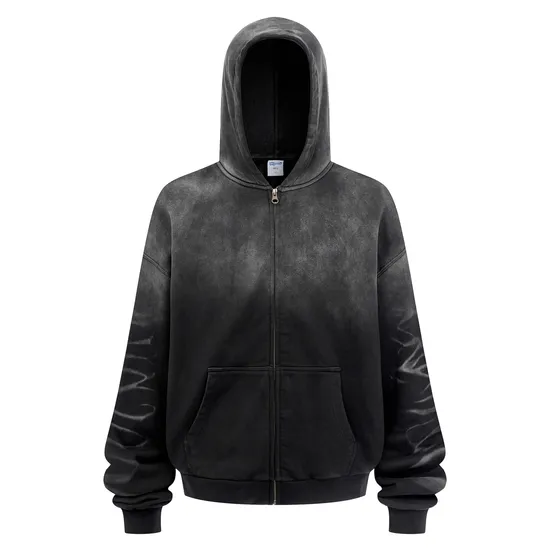 Spray Monkey Wash Gradient Distressed Zip Hoodie Custom Logo Embroidery DTG Bulk Wholesale
