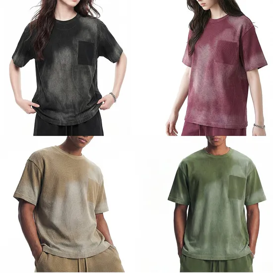 Gradient Washed Pocket Pure Cotton Tee Support Custom Logo Embroidery DTG Bulk Wholesale Order