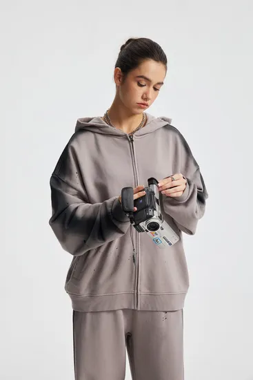 Splatter Spray Wash Distressed Zip Hoodie Custom Logo Embroidery DTG Bulk Wholesale Supply