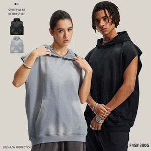 Custom Brand Logo Spray Dyed Raw Edge Hood Vest 100% Cotton Wholesale Factory Low Price