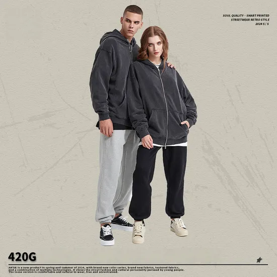 Vintage Black Gray Oversized Zip up Hoodie Personal Custom Logo Factory Direct Bulk Sale