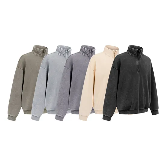 Vintage Washed Pure Cotton Half Zip Pullover Custom Logo Embroidery Dtf Bulk Wholesale