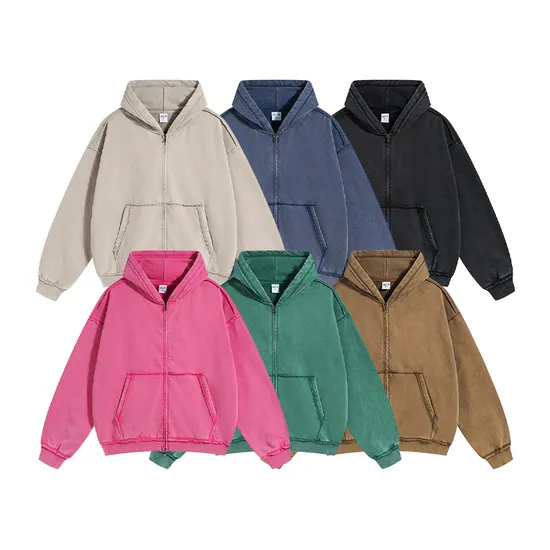 Kangaroo Pocket Raw Edge Hooded Zip Sweatshirt Custom Brand Bulk Production Service