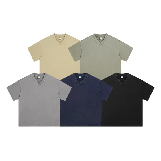 Drop Shoulder Unisex Loose V Cotton Tee Custom Art Embroidery DTG Large Quantity Wholesale Supply