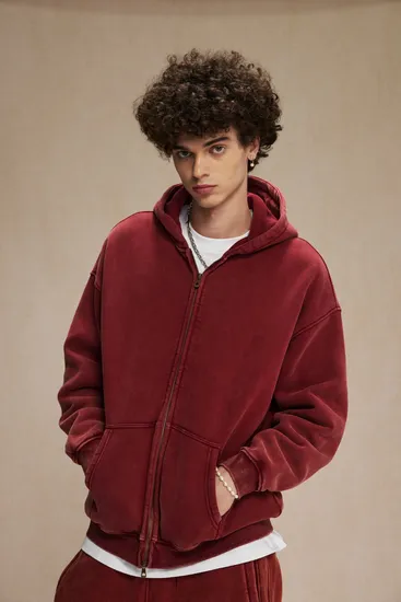 Fleece Lined Wax Wash Zip Hoodie Double Zipper Custom Logo Embroidery Bulk Wholesale Supply